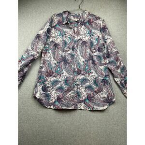 Talbots Button Up Shirt Womens Size XL Paisley Floral Roll Tab Sleeves Causal